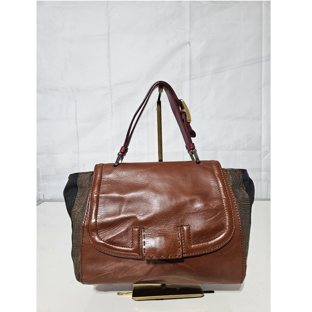 Fendi Silvana Bag Leather with Pequin Striped Canvas Brown - Picture 1 of 12
